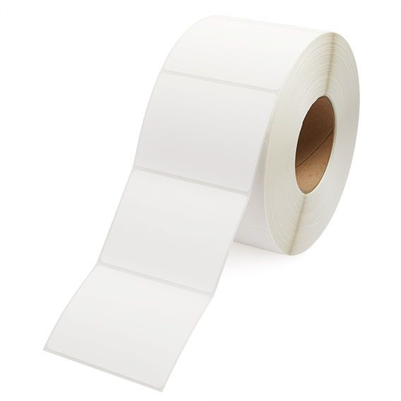 White direct thermal labels roll, angled stack of rectangles