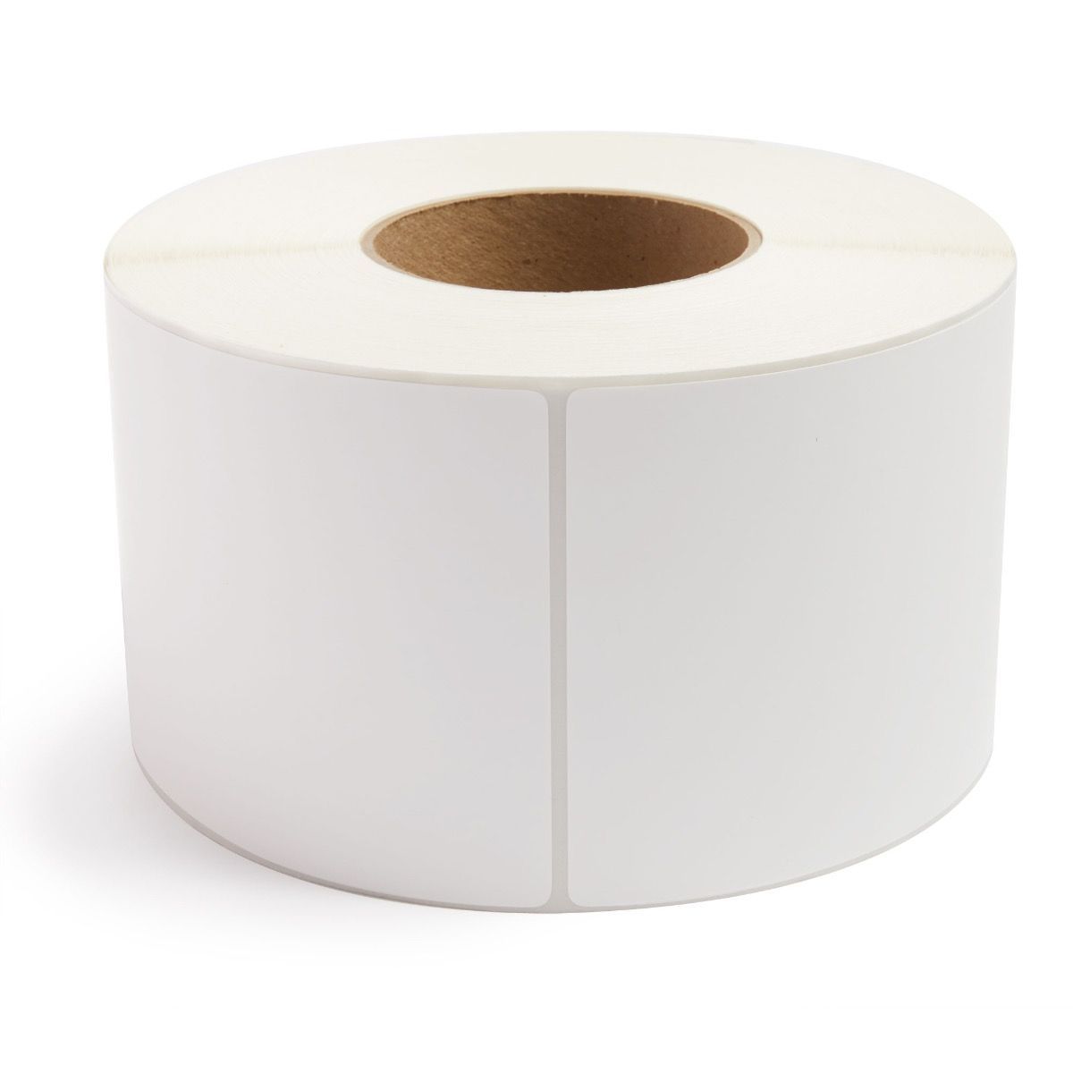 White thermal transfer label roll with 3-inch core, stack of rectangular labels