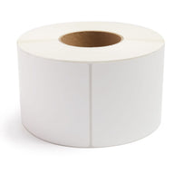 White thermal transfer label roll with 3-inch core, stack of rectangular labels