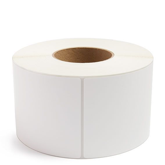 White thermal transfer labels roll with 3-inch core, blank label faces