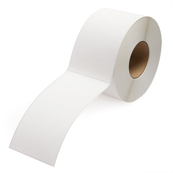 White thermal transfer label roll with blank labels unwound, 3-inch core