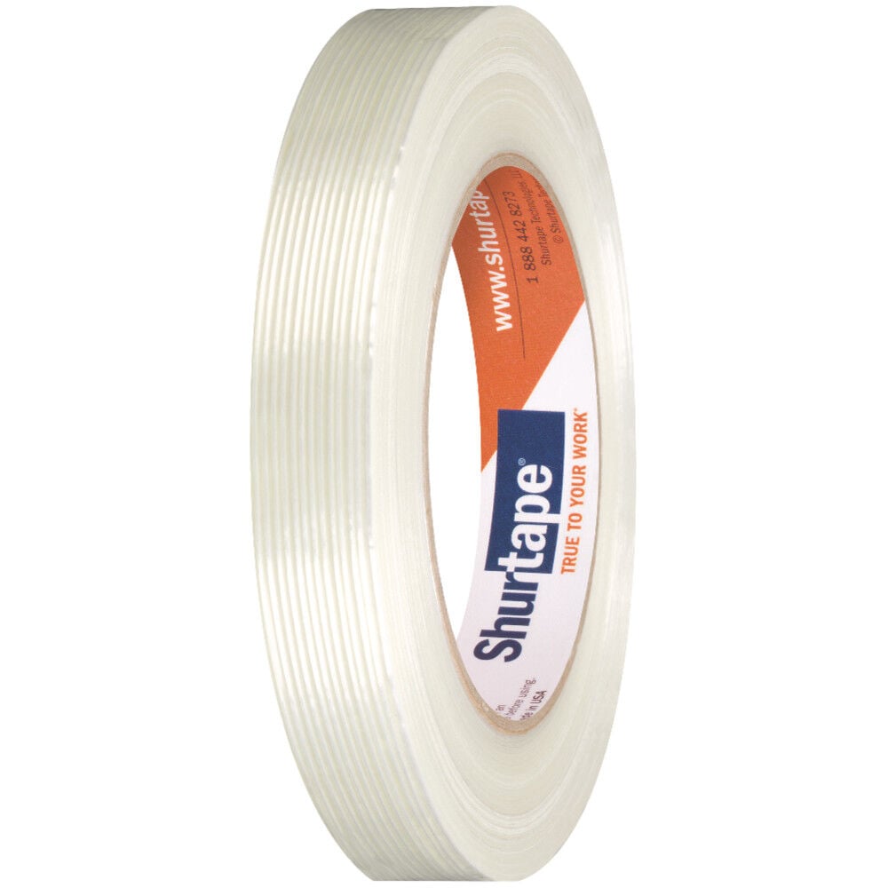 Shurtape GS490 filament strapping tape roll, translucent white, core label visible