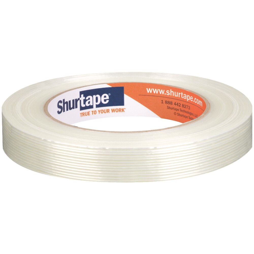 Shurtape filament strapping tape roll, translucent white, top label visible