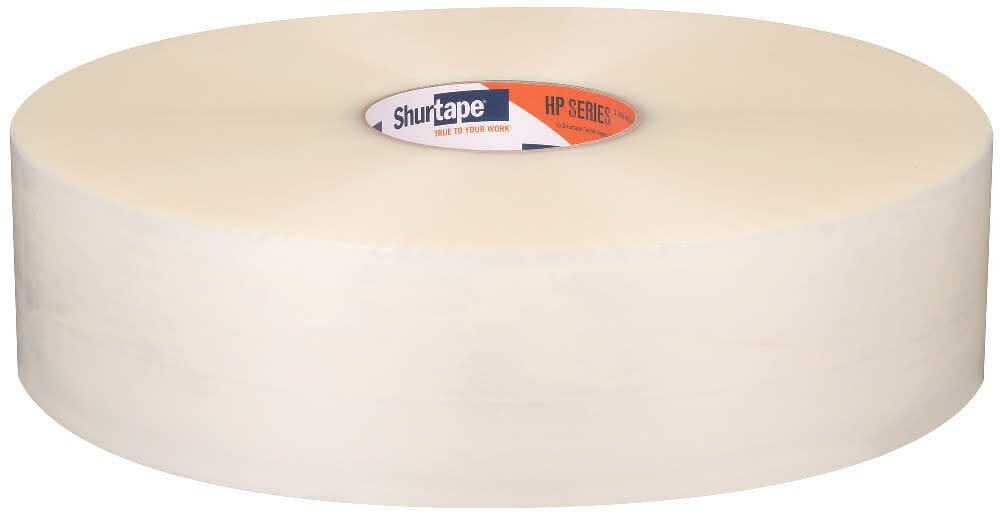 Clear carton tape roll with Shurtape HP Series label, wide roll for sealing boxes