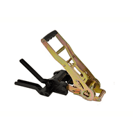 Heavy-duty lashing ratchet tool with black handle and gold frame, metal hook end