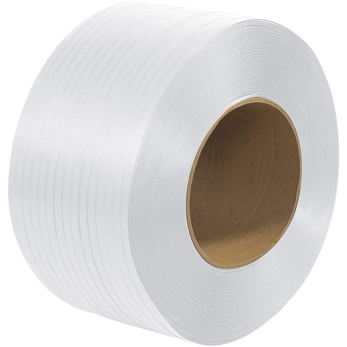 White embossed polypropylene strapping roll on cardboard core