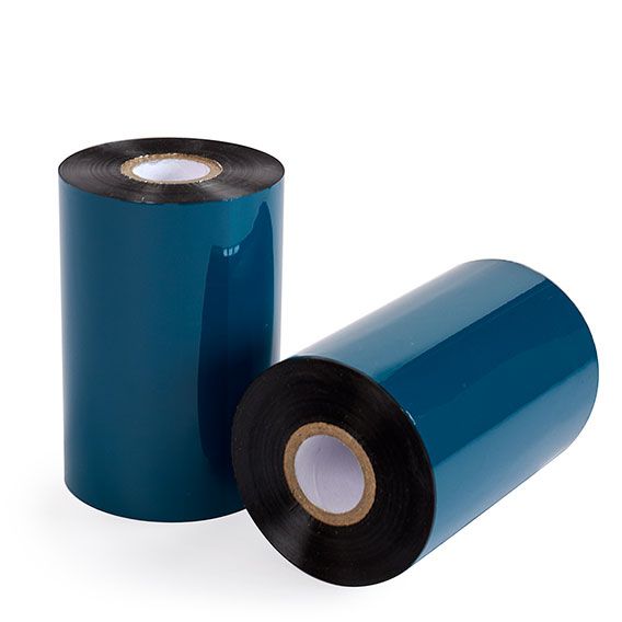 Thermal transfer ribbon roll with dark core, blue film and two stacked rolls
